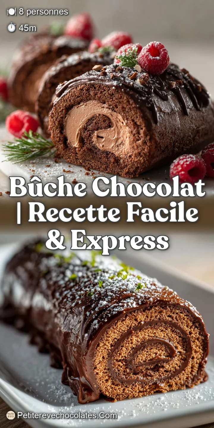 Up-close view of the B&ucirc;che de No&euml;l, showcasing the smooth, dark chocolate mousse and the slight dusting of cocoa on top.