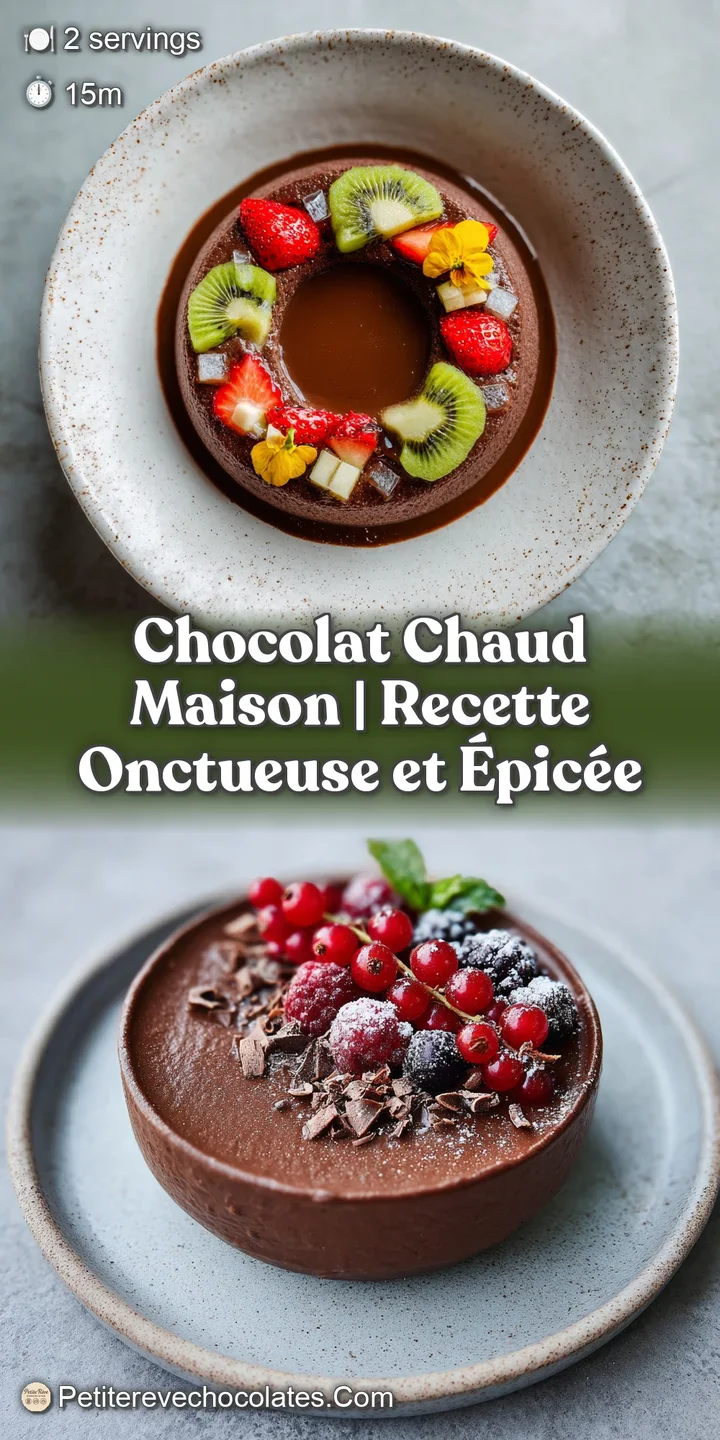 Close-up of thick, molten chocolate in a ceramic mug, steam gently rising, showcasing its glossy sheen.