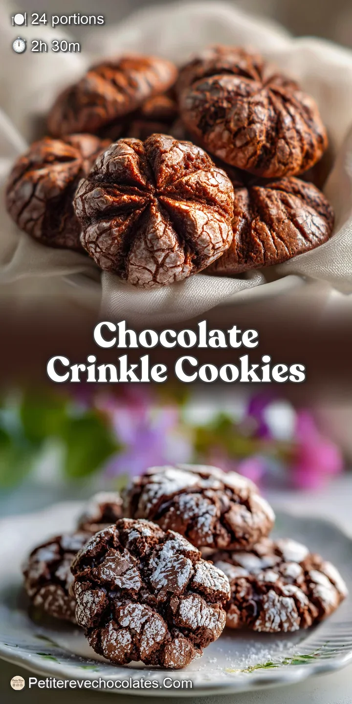 Close-up of a chocolate crinkle cookie, highlighting the intricate network of cracks in the surface and the soft, powdered...