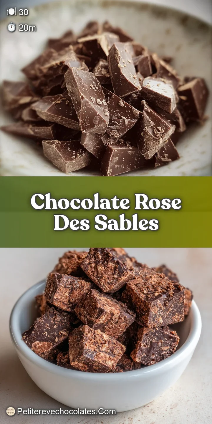 Close-up of a delectable chocolate 'Rose des Sables', highlighting its textured cornflake layers and rich, dark color.