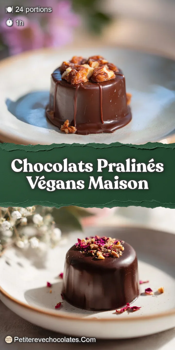 Close-up of a vegan chocolate praline, highlighting the smooth, dark chocolate shell with visible nutty inclusions and tem...