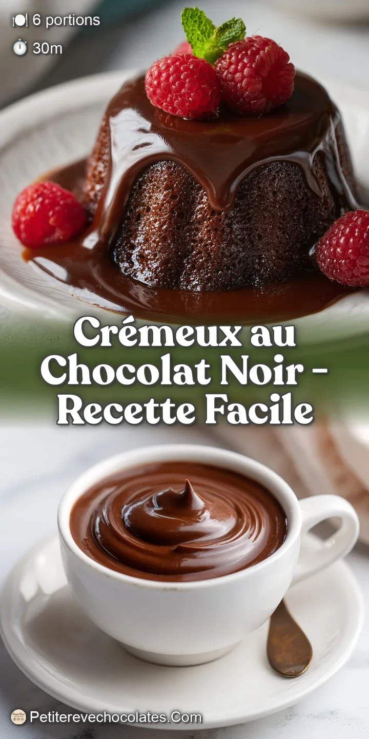 Intense close-up of glistening dark chocolate cremeux, revealing a delicate, airy texture. Rich, dark brown color with a h...