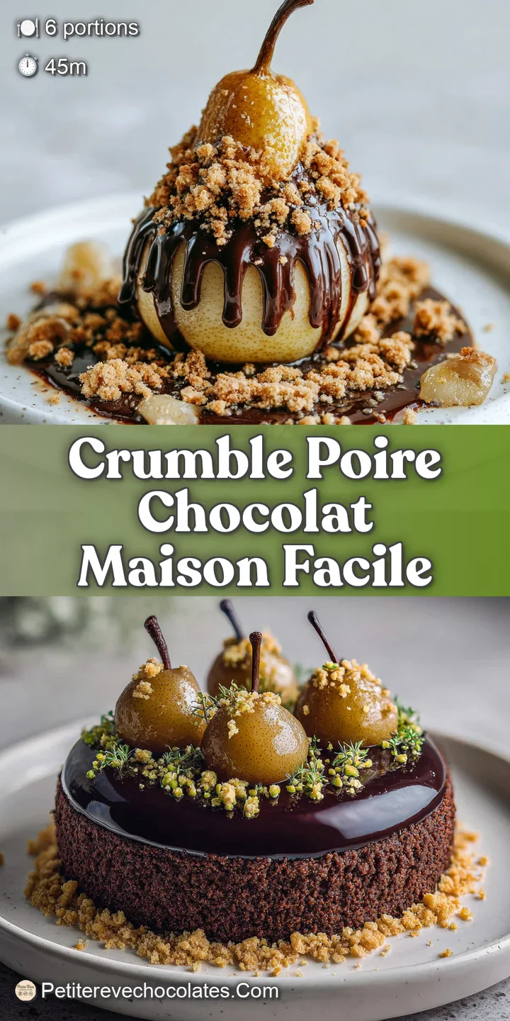 Close-up of a warm, gooey pear crumble. The dark chocolate is melty and glossy, contrasting the pear's soft, caramelized t...