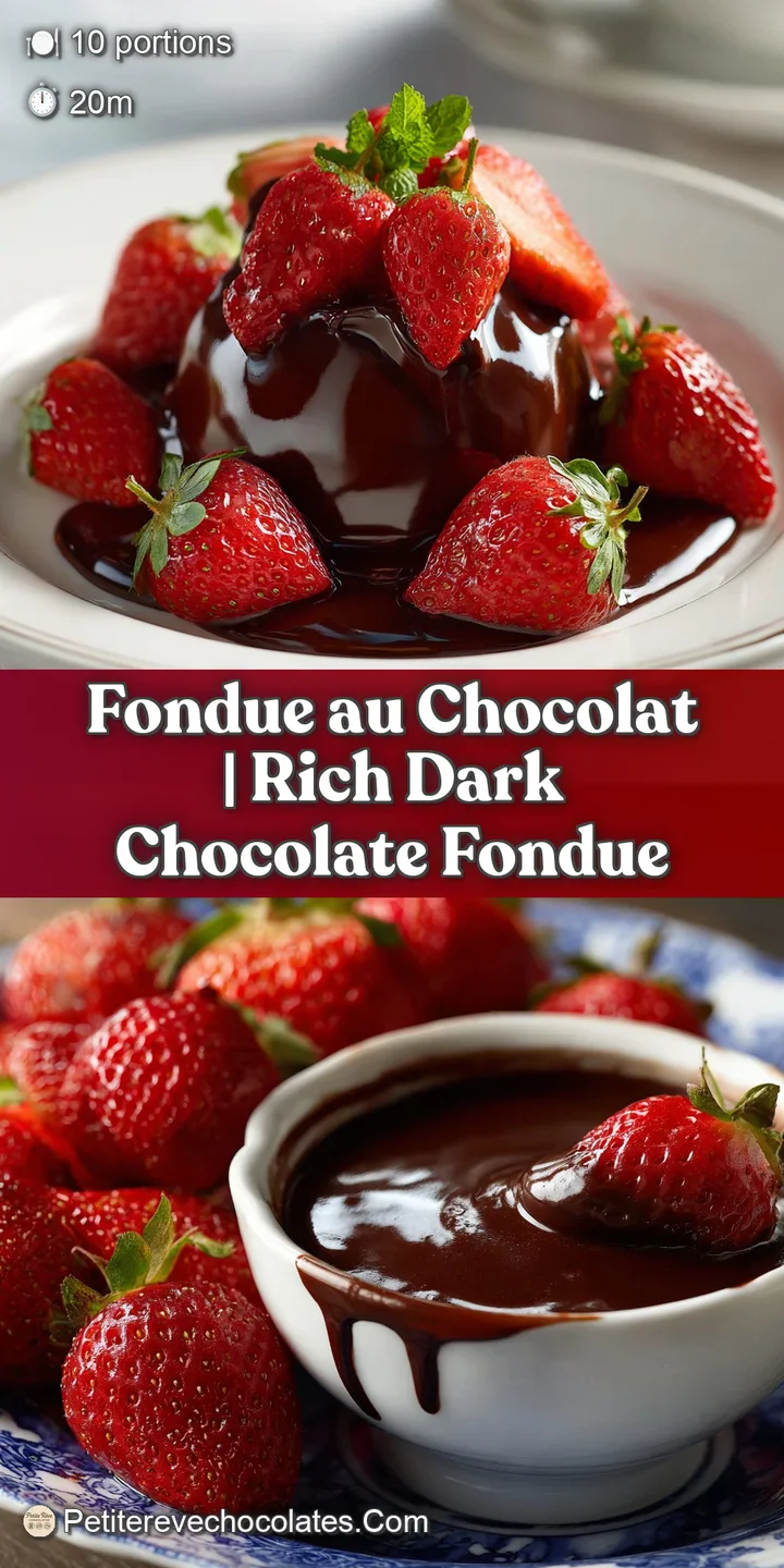 Close-up of a fresh strawberry dipping into a thick, velvety river of glossy dark chocolate with a smooth finish.