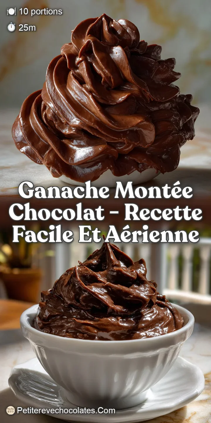 Close-up view of the whipped ganache. Its pale brown color contrasts with the darker, melting chocolate beneath, hinting a...