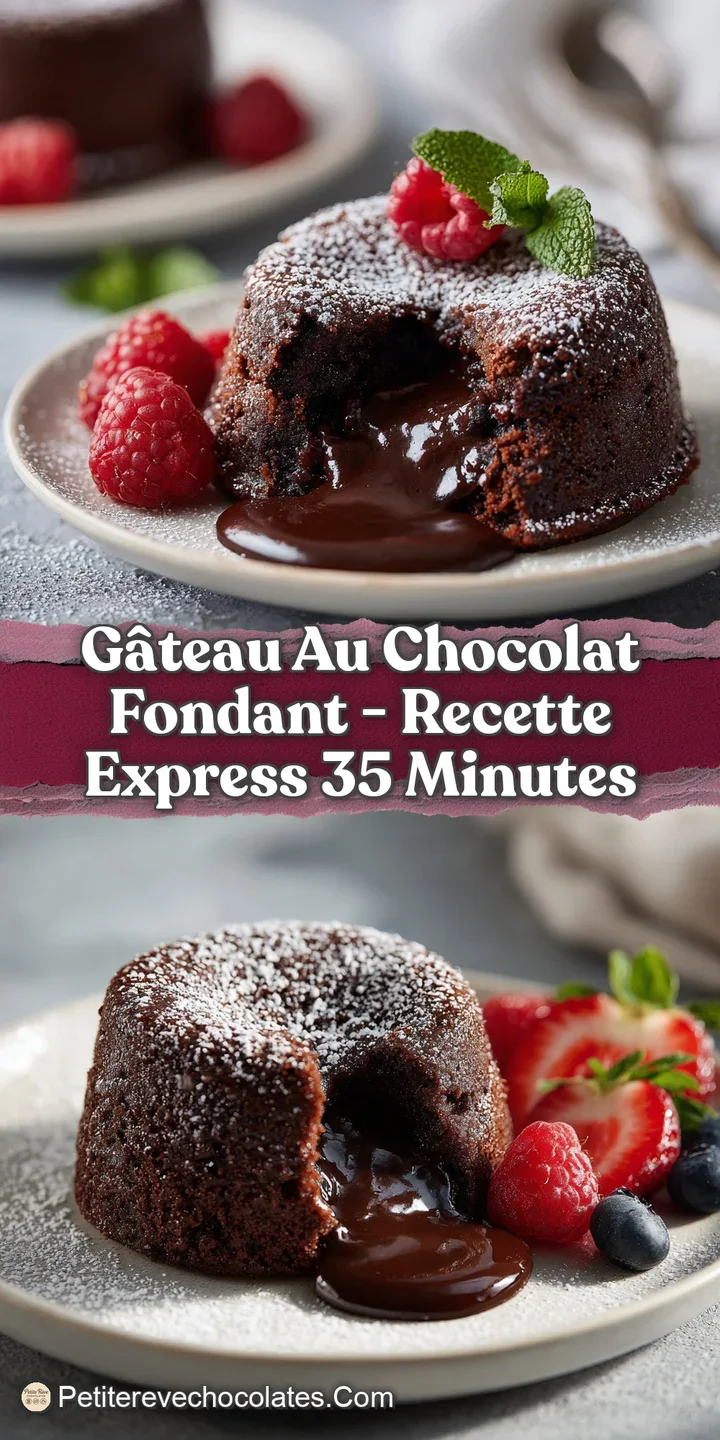 Close-up of a fork cutting into a dark, gooey chocolate cake, revealing its molten interior and smooth texture.