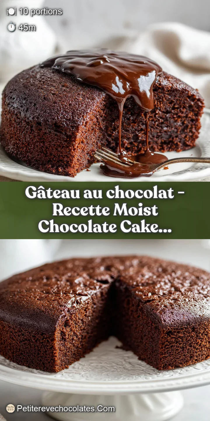 Close-up of a fork piercing moist, fudgy chocolate cake with a glistening, dark chocolate glaze.