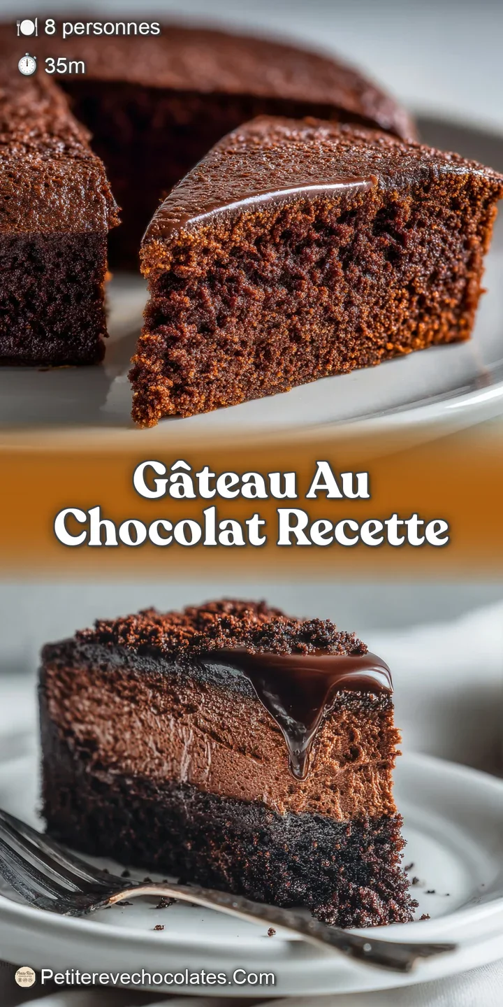 Close-up of intensely dark, moist chocolate cake. Crumbly texture, a light dusting of powdered sugar.