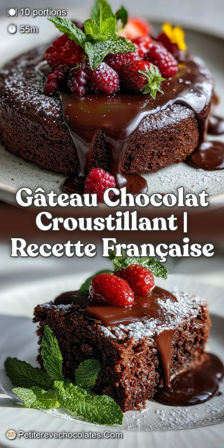 Close-up of a chocolate cake slice, revealing a flaky, crackly crust and a rich, dark chocolate filling. Tempting texture ...