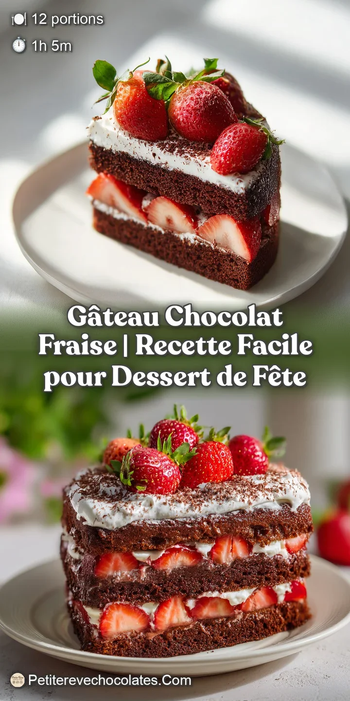 Melt-in-your-mouth chocolate cake with a glossy finish, dotted with bright red, ripe strawberries.