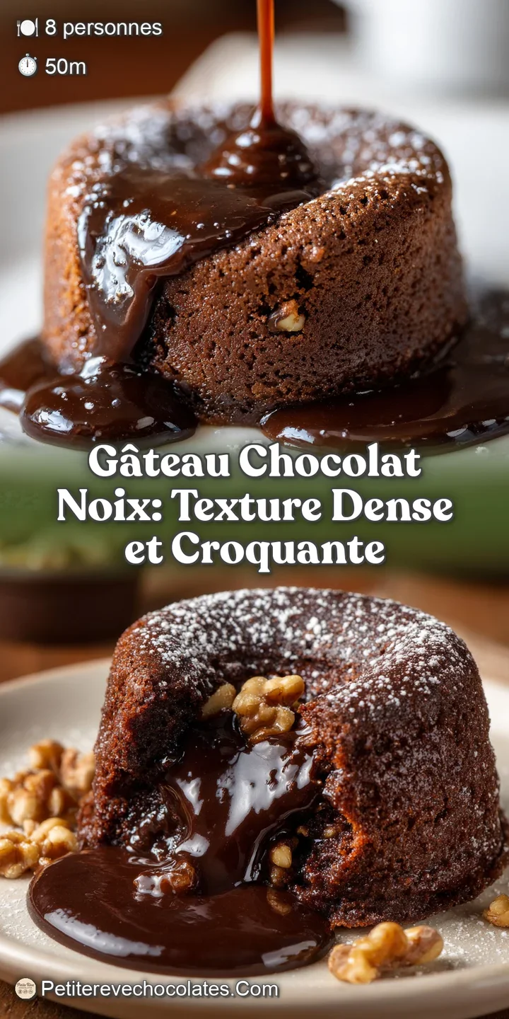 Close-up of chocolate cake. Irregular cracks hint at intense moisture. The dark chocolate shines, coated with crunchy nuts.