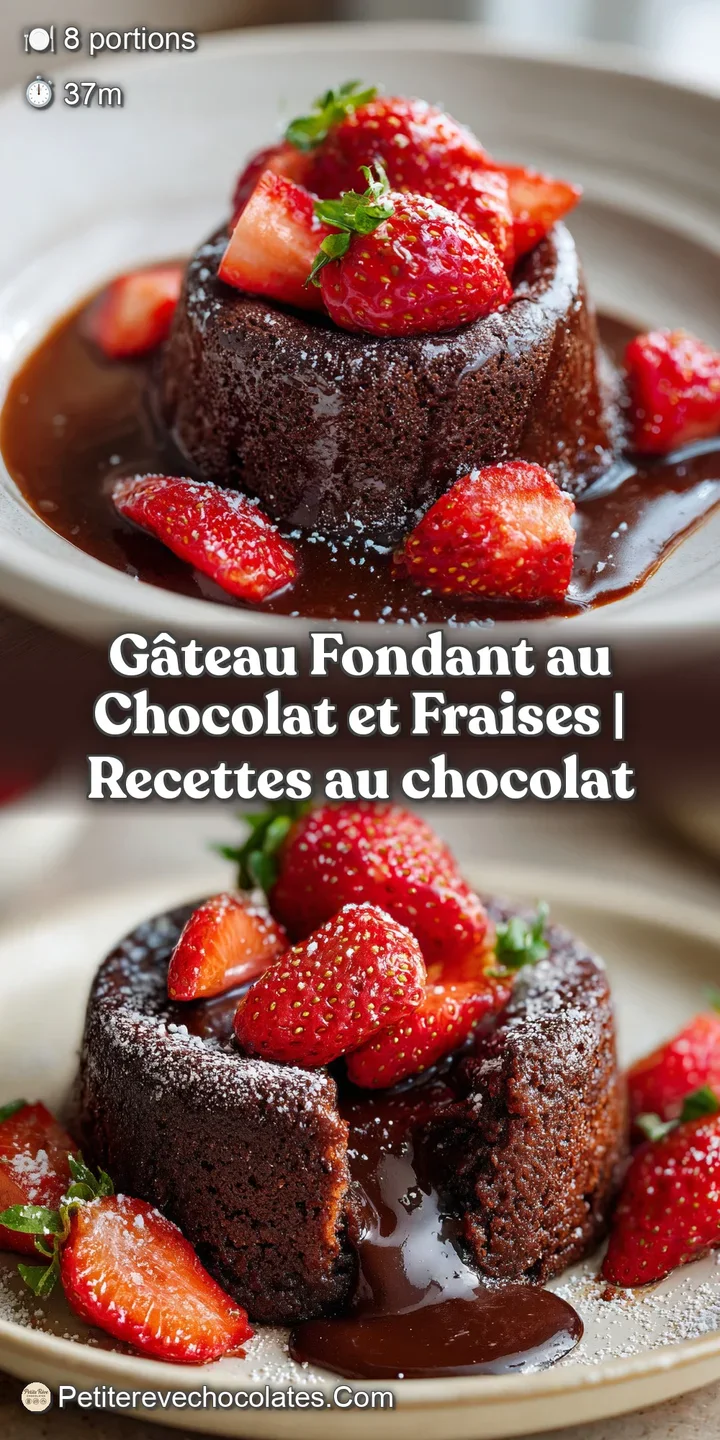 Close-up of a glossy dark chocolate glaze cascading over a rich cake, with a bright red strawberry glistening on top.