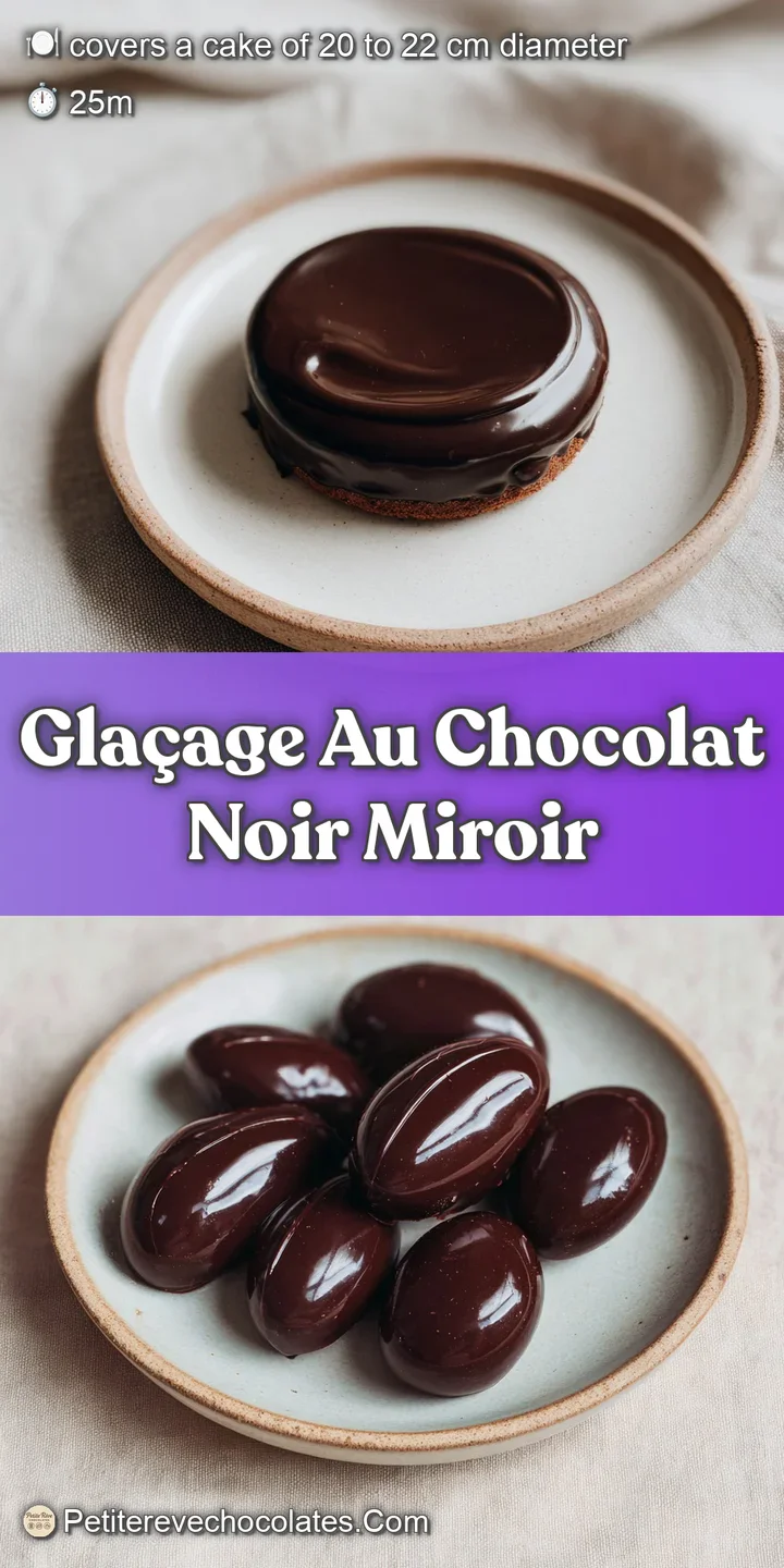 Close-up on a shiny dark chocolate mirror glaze, highlighting its flawless, reflective surface, and intense chocolate color.