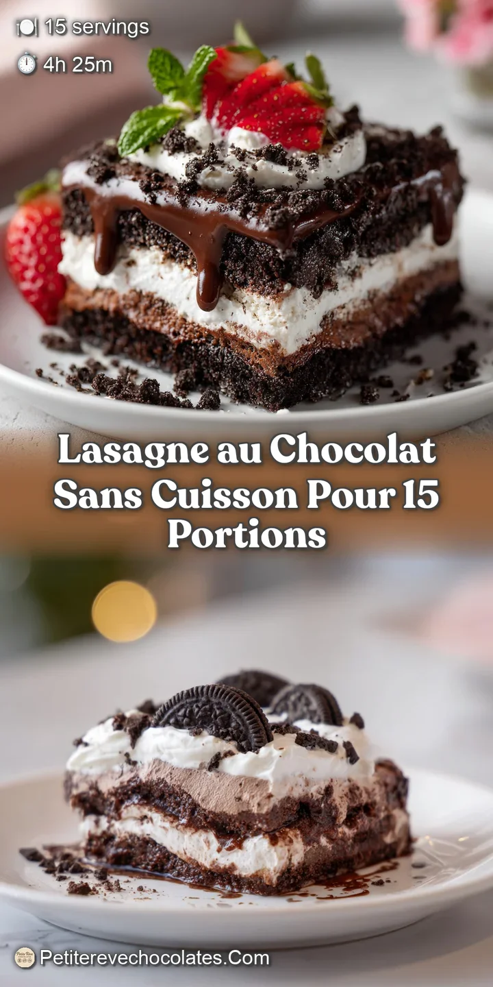 Close-up of the chocolate lasagne layers. See the rich, dark chocolate, the creamy texture and cocoa dusting. Ready for a ...