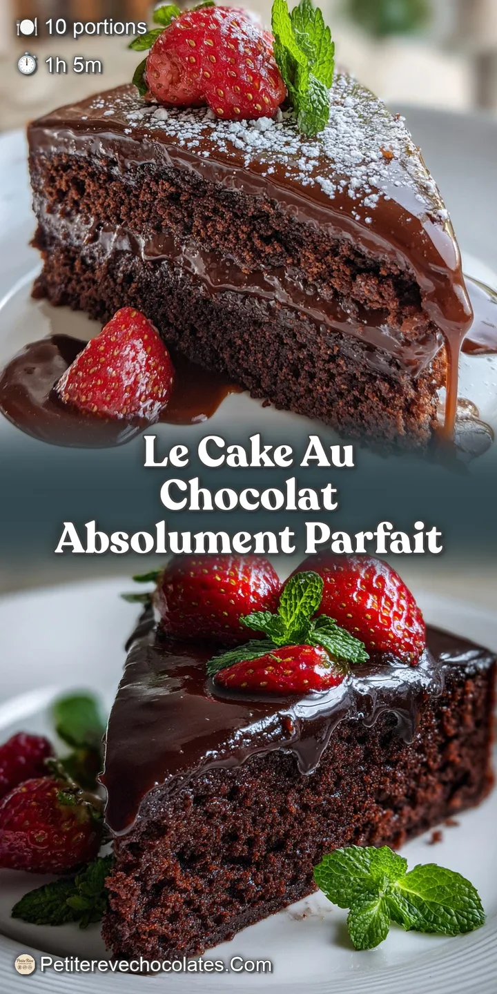 Close-up of intensely rich, dark chocolate cake. See the moist crumb and deep, glossy ganache in delicious detail.