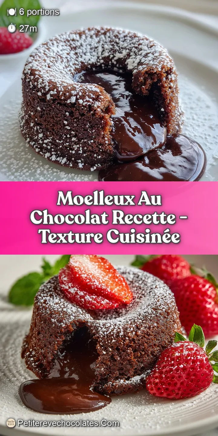 Close-up of a warm, fudgy chocolate cake with a molten center, oozing out onto the plate. The outer crust is slightly crac...