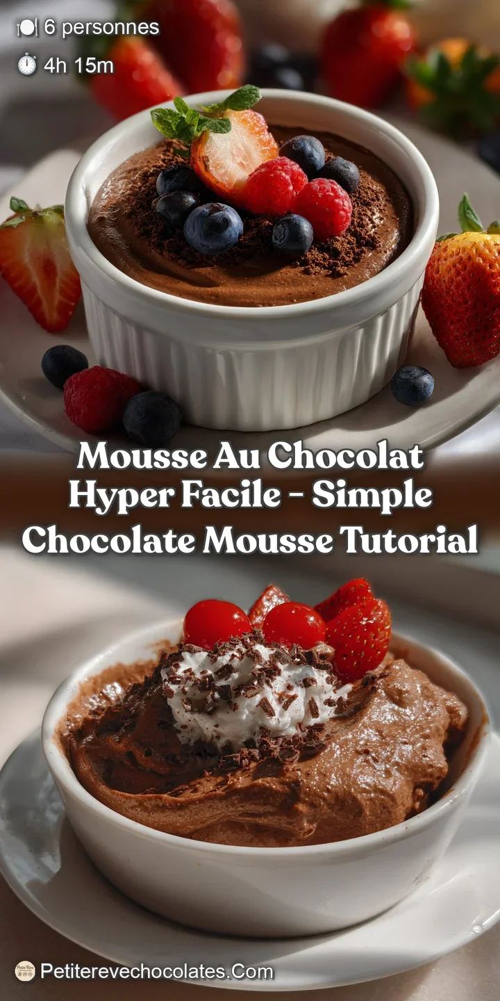 Dark, glossy chocolate mousse swirled in a glass, with a light, airy texture and a dusting of cocoa powder.