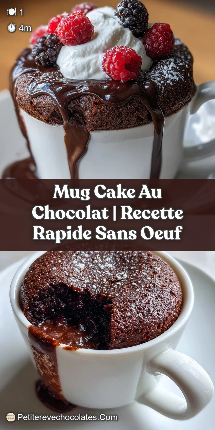 Close-up of a gooey chocolate mug cake, the warm, melted chocolate glistening with a slight sheen and visible steam rising.