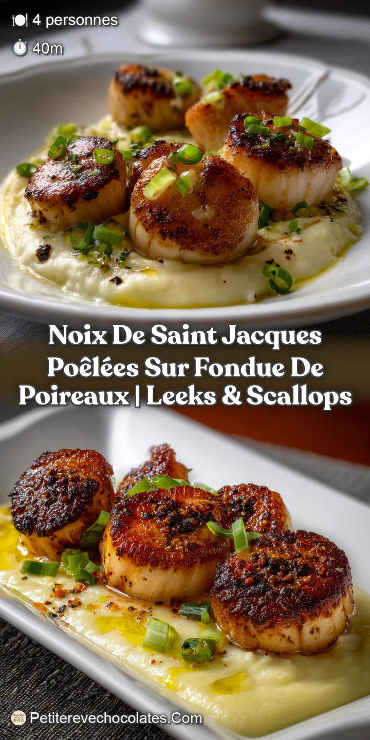 Close-up of succulent seared scallops with a caramelized crust, sitting atop a rich, smooth, pale green leek fondue. A per...