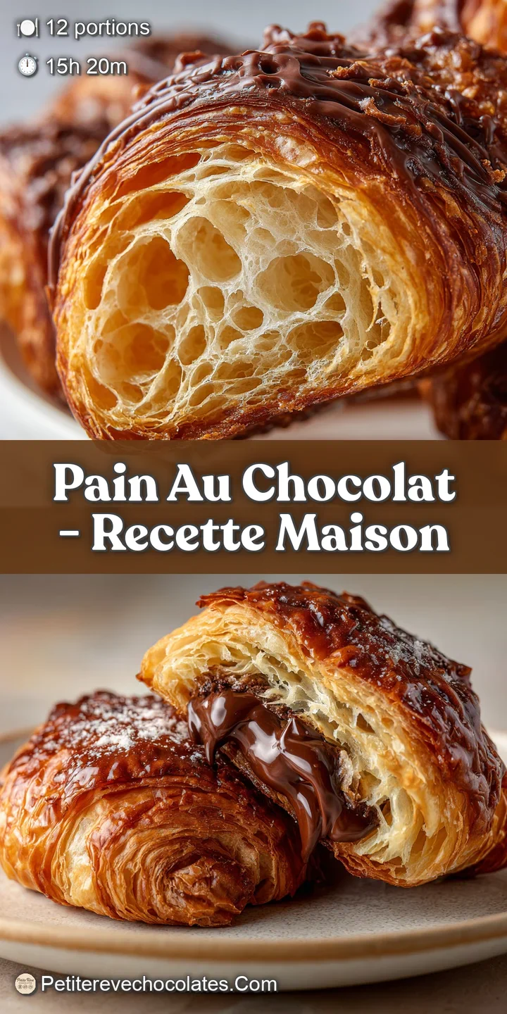 Close-up of a warm pain au chocolat, revealing the dark chocolate filling. Buttery, flaky crust with glistening, melted ch...