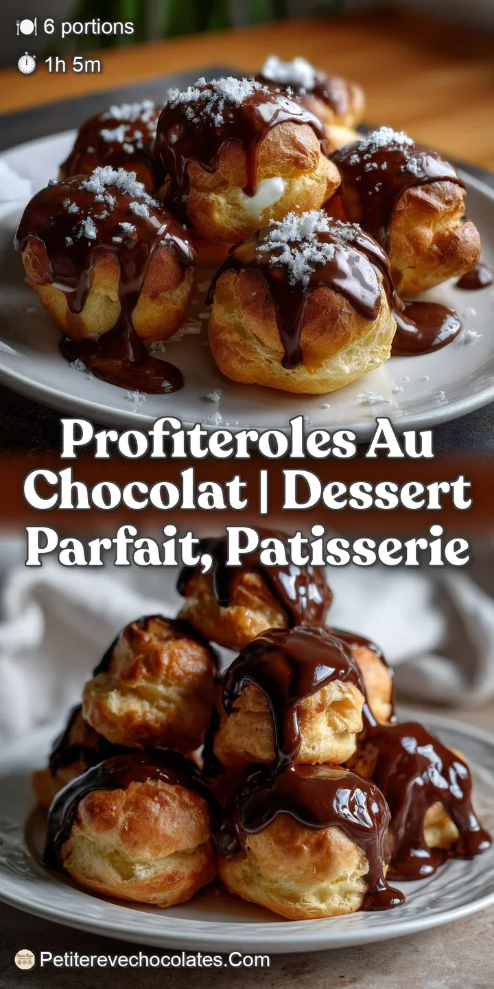 Close-up of a profiterole cut open, revealing a creamy custard filling. The rich chocolate sauce glistens and invites indu...