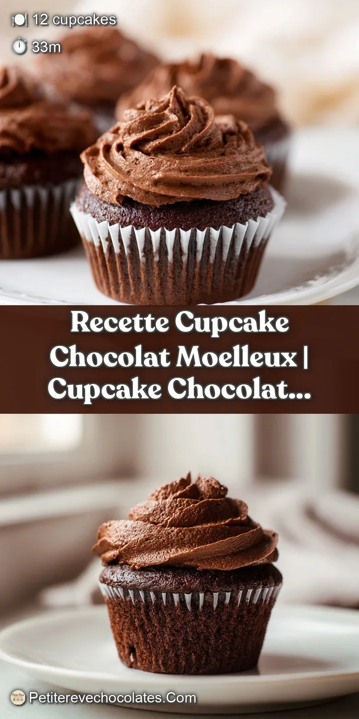 Close-up of a moist chocolate cupcake with decadent, swirled frosting glistening under warm light, a small chocolate piece...