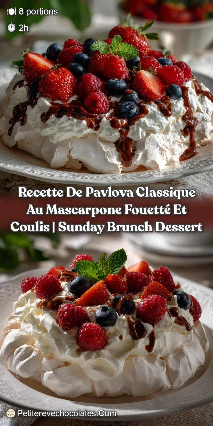 Close-up of a pavlova bite: crisp meringue shell gives way to a cloud of mascarpone cream, drizzled with a rich, glistenin...