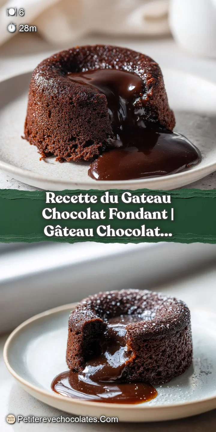 Close-up of a dark, fudgy chocolate cake oozing a molten chocolate filling.