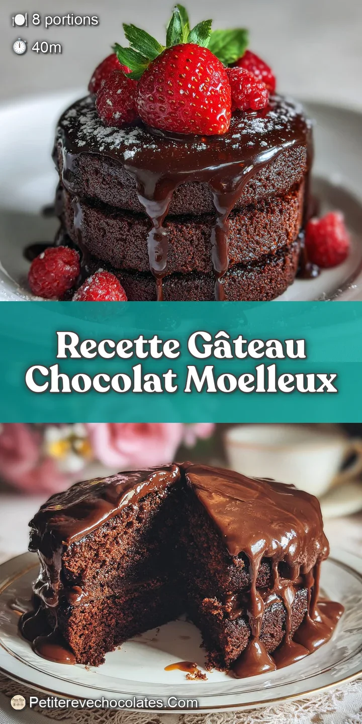 Close-up of a fudgy chocolate cake slice; deep, dark color with a moist crumb. Hints of melted chocolate are visible.