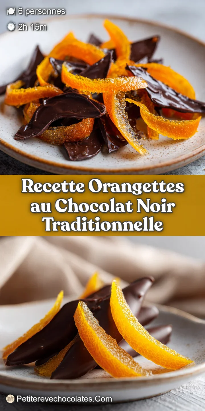 Close-up of glossy, dark chocolate covered candied orange peel, revealing the textured orange zest and rich chocolate.