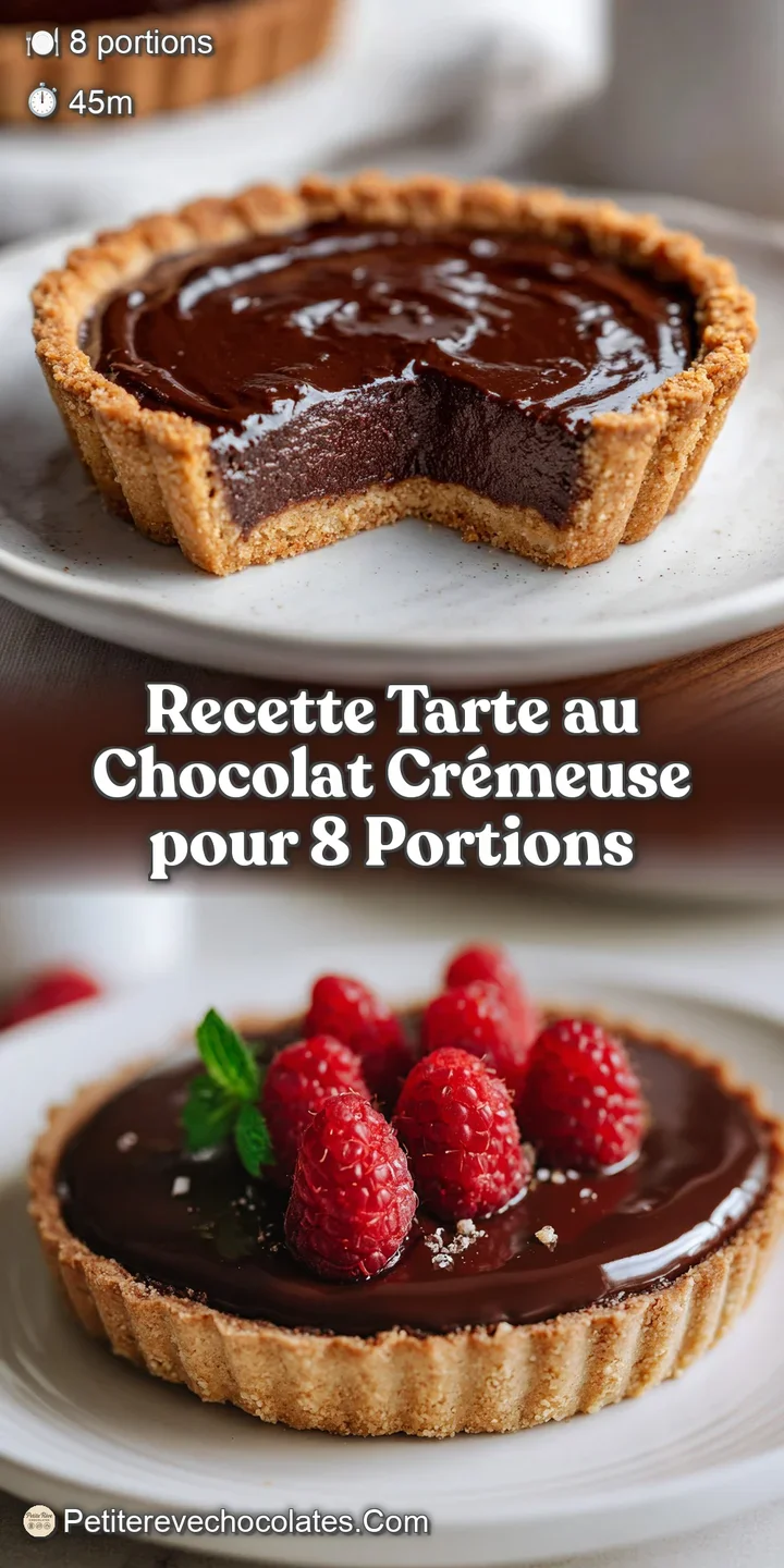 Close-up of a creamy chocolate tart revealing a glossy, dark filling and a buttery, flaky crust. Rich and inviting dessert.