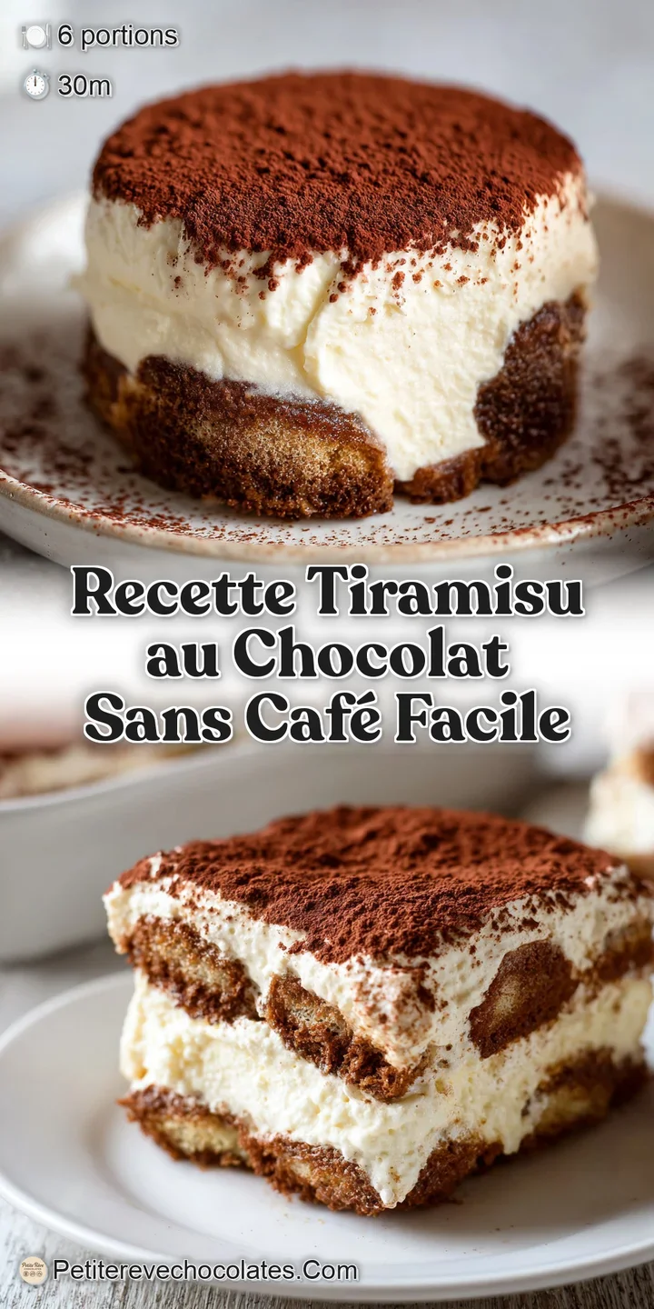 Close-up of decadent chocolate tiramisu layers. Cocoa powder dusted top with creamy, espresso-soaked cake layers visible.