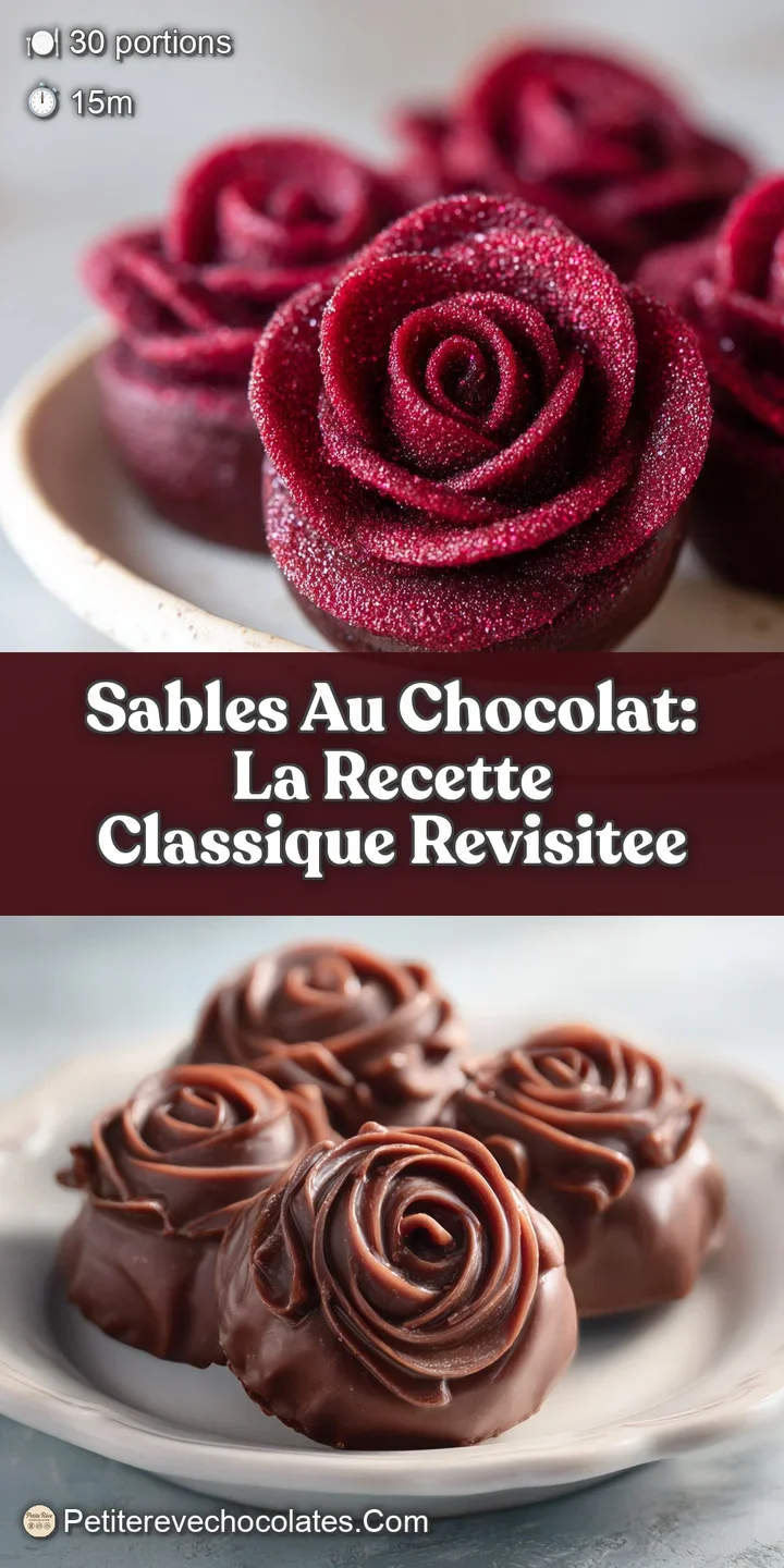 Close-up of a chocolate sable revealing its crumbly texture and intense chocolate color. Hints of sugar create a frosty co...