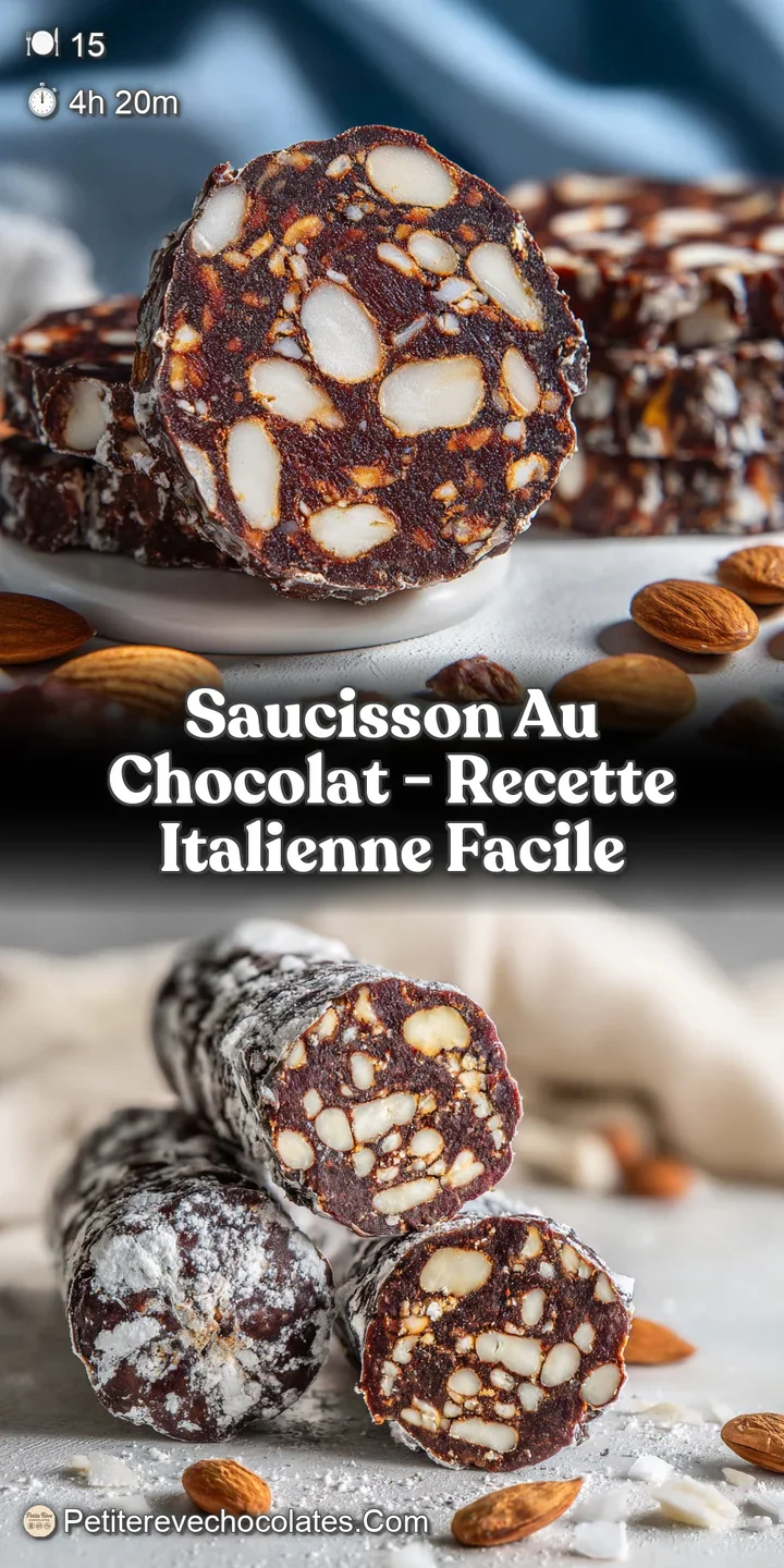 Close-up of chocolate salami slice reveals textured interior with cookie bits. Rich, dark chocolate with a dusting of white.