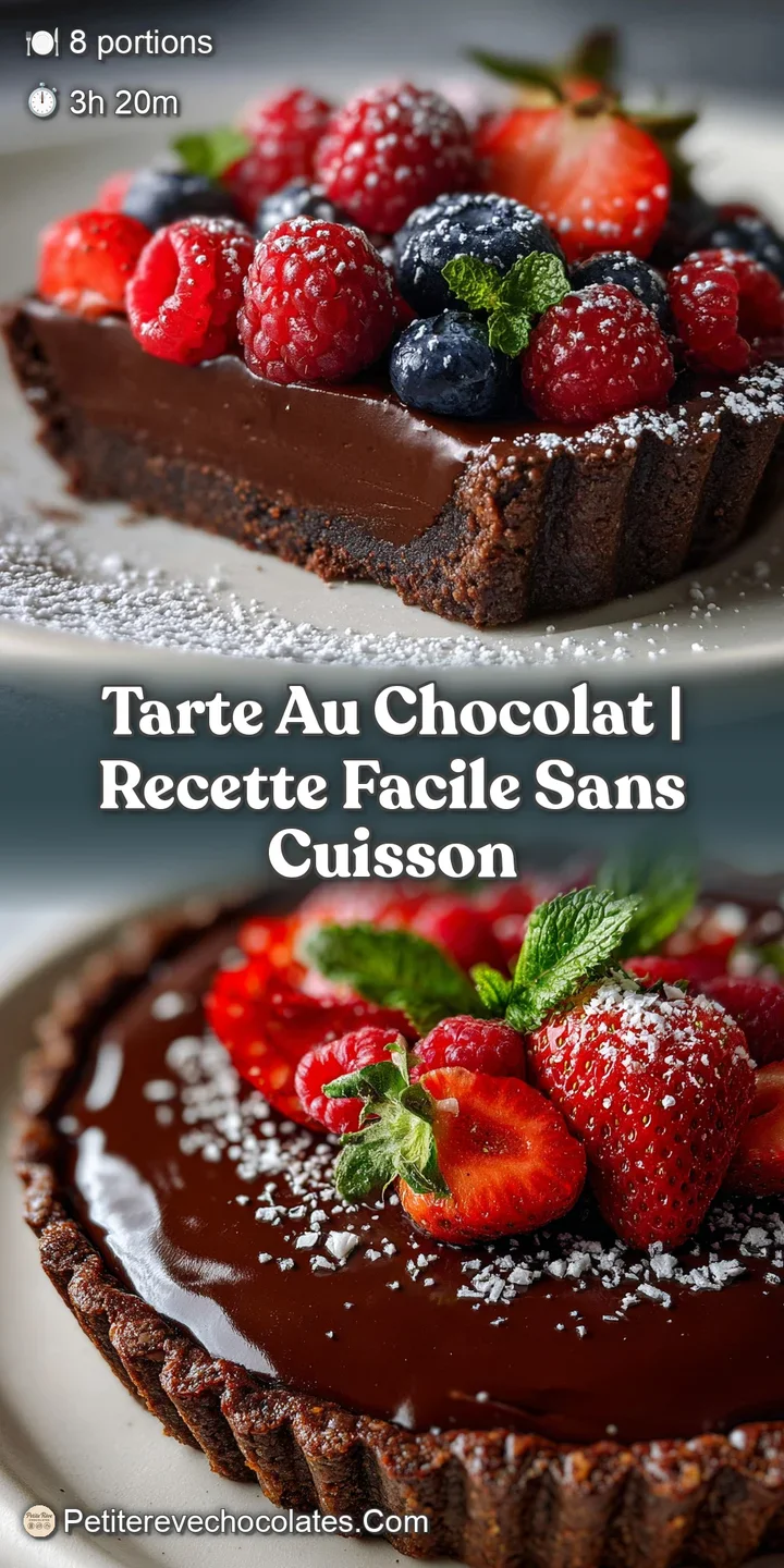 Close-up of a chocolate tart: shimmering, glossy surface with a sprinkle of cocoa, hinting at its intense, melt-in-your-mo...