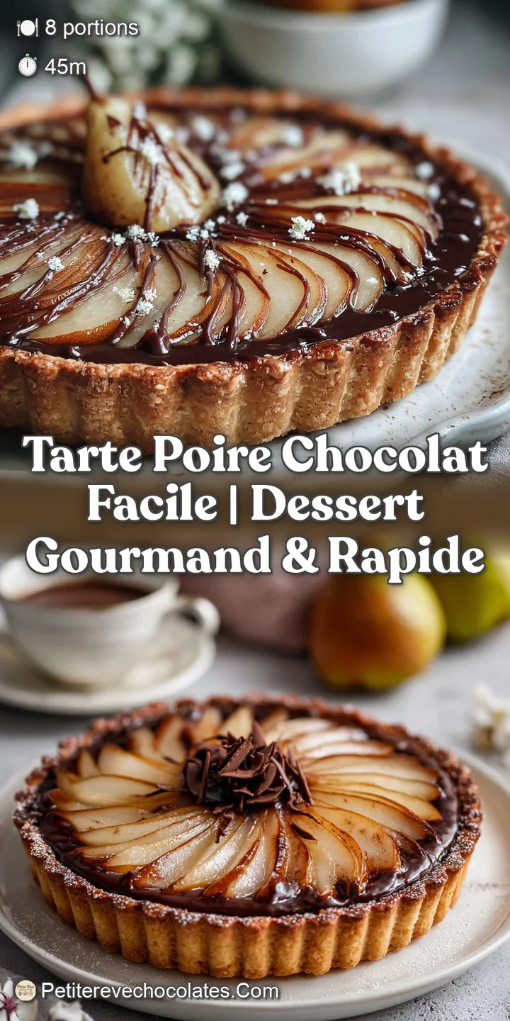 Close-up of a rich chocolate tart with rows of soft pear slices. Gleaming ganache with a dusting of cocoa powder. Decadent...