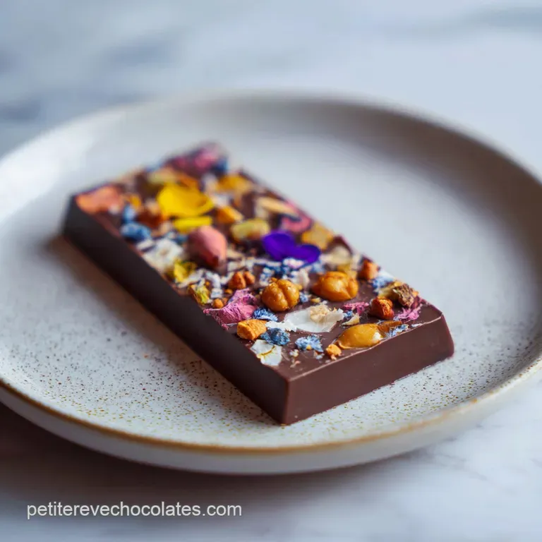 A single dark chocolate bar, perfectly squared, resting on a rustic wooden board with scattered cocoa nibs.