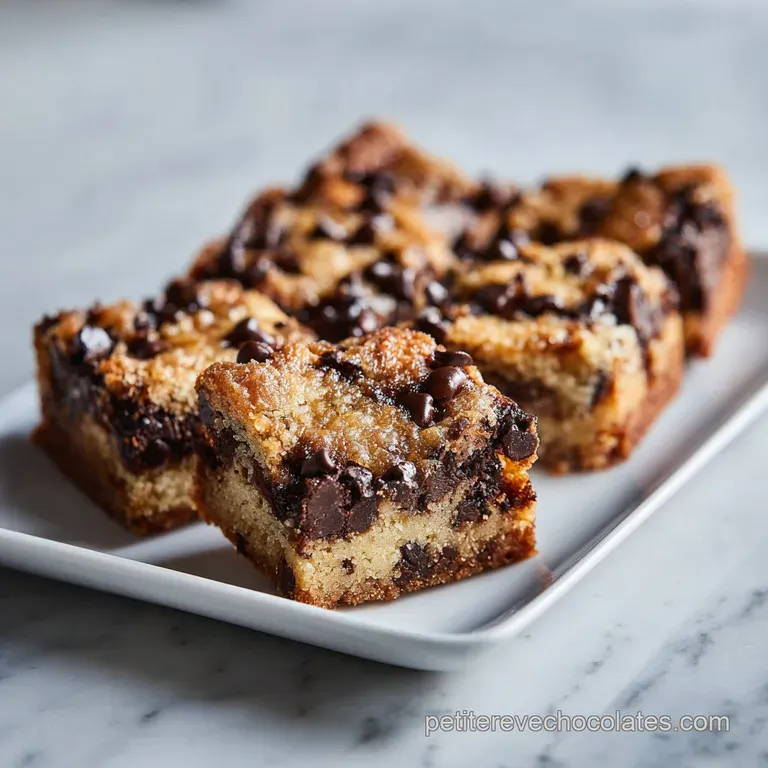 Stacked chocolate chip bars dusted with powdered sugar, artfully arranged with fresh berries.