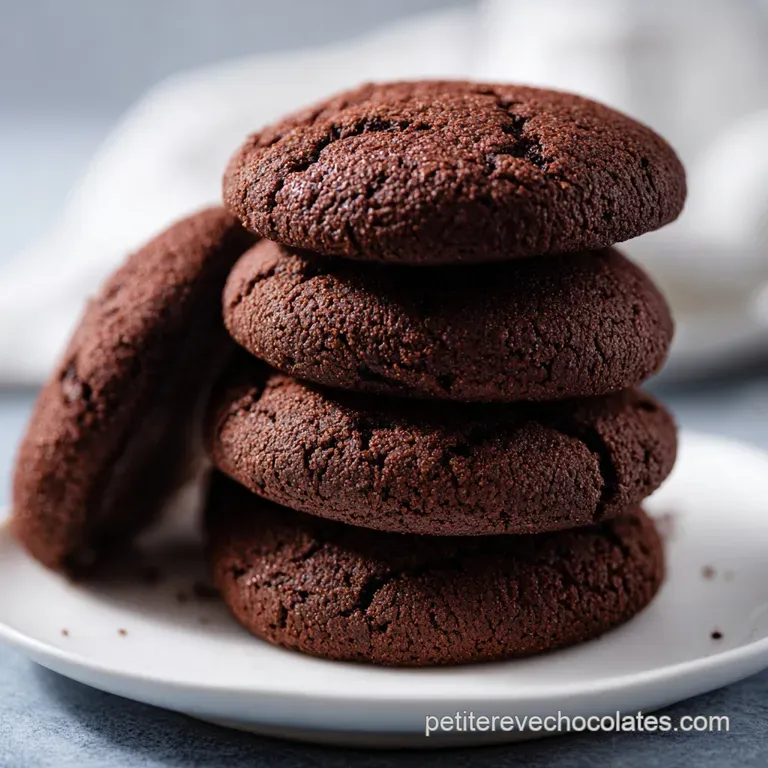 Trois biscuits ronds sur une assiette blanche, avec un trait de chocolat liquide sombre et lisse pour le d&eacute;cor.