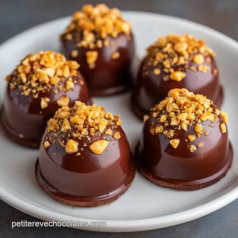Chocolats ronds et lustr&eacute;s pos&eacute;s sur une assiette blanche &eacute;pur&eacute;e, accompagn&eacute;s de fines &eacute;clats de noisettes dor&eacute;es.