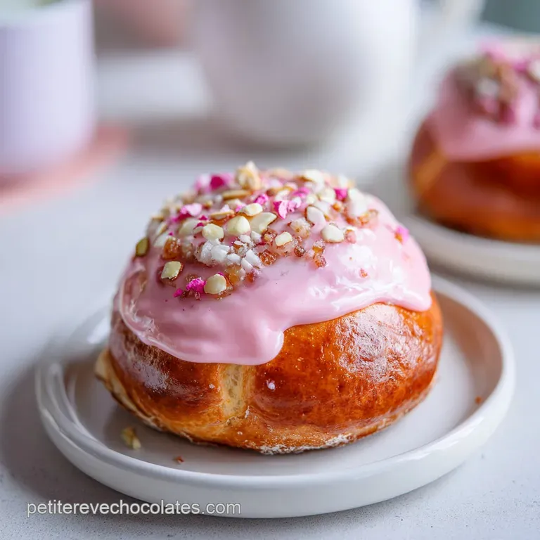 A slice of rosy pink praline brioche, golden crust, served on a white plate with a berry garnish.