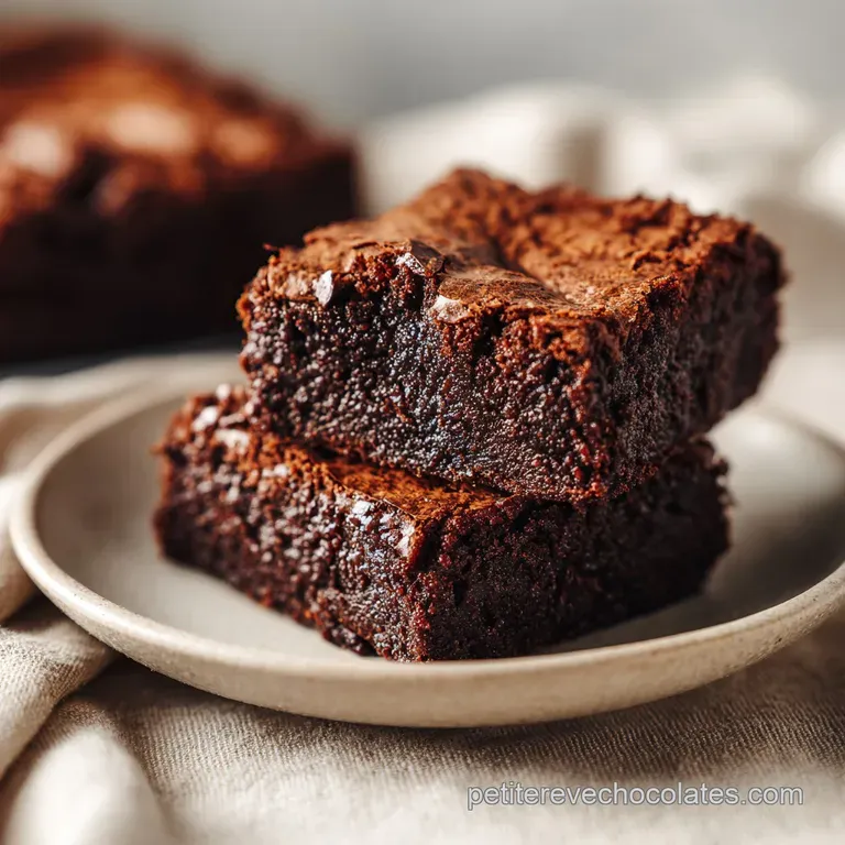 Glossy, fudgy brownie square on a white plate, garnished with a single raspberry. A light dusting of cocoa powder adds ele...