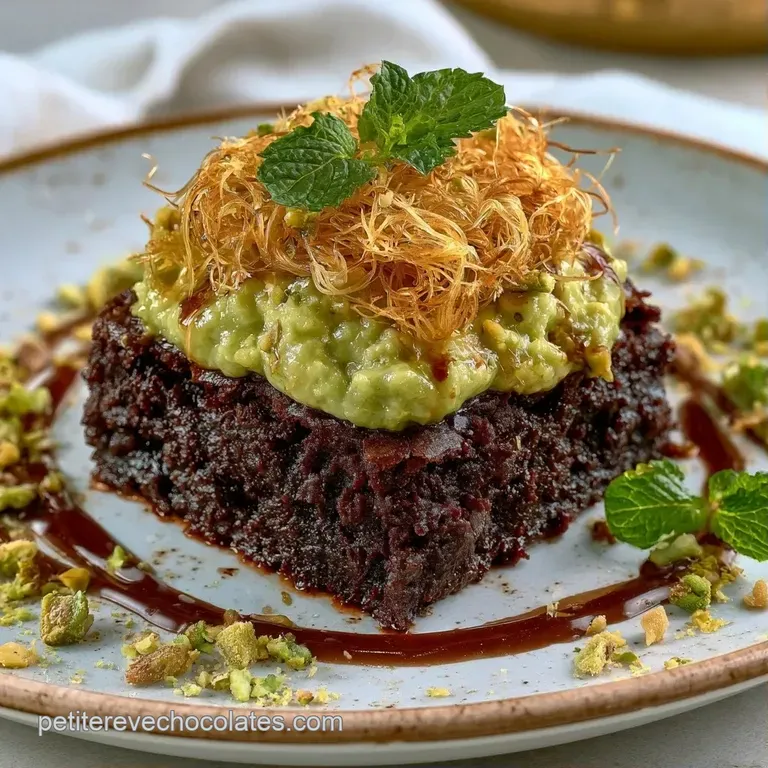 Tranche fondante brun sombre sur assiette blanche, surmont&eacute;e d'un coulis vert vif et de pistaches concass&eacute;es.