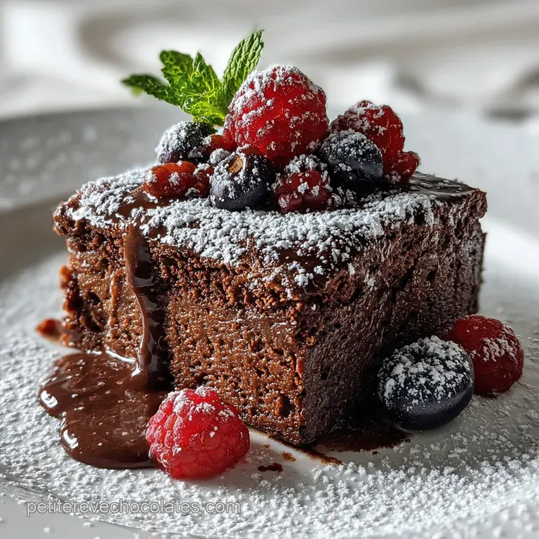 Elegant chocolate dessert plate. Brownie base topped with light mousse, drizzled ganache, cocoa powder dust. Decadent, res...