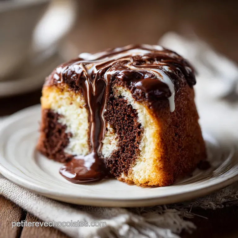 A slice of marbled cake displays its intricate pattern, dusted with powdered sugar, plated next to fresh raspberries and m...
