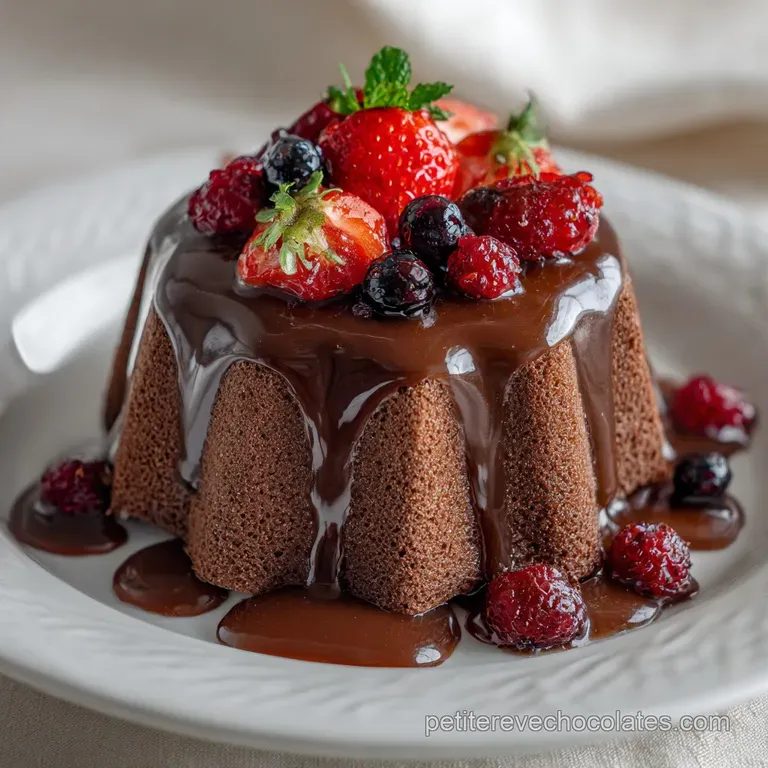 Elegant slice of rich chocolate dessert on a white plate, garnished with cocoa powder and a single chocolate curl.