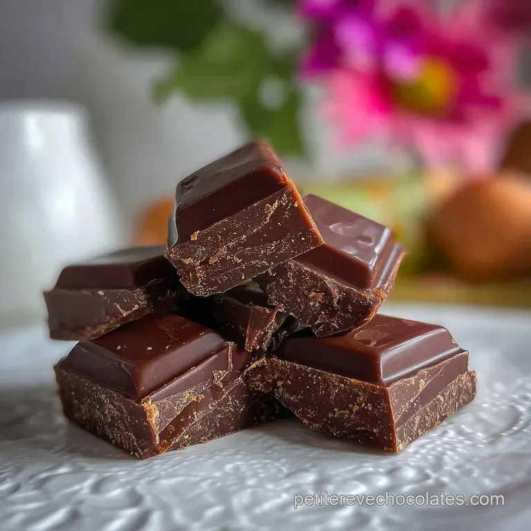 A single, glossy milk chocolate square sits elegantly on a white plate, hinting at a smooth, melt-in-your-mouth texture.