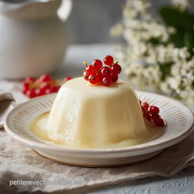 An artfully arranged slice of silken white chocolate dessert dusted with cocoa powder and a hint of edible gold leaf.