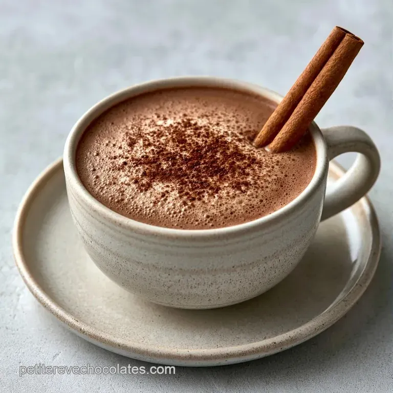 Tasse en c&eacute;ramique blanche sur un plateau en bois, vapeur l&eacute;g&egrave;re s'&eacute;levant d'un breuvage chocolat&eacute; onctueux.