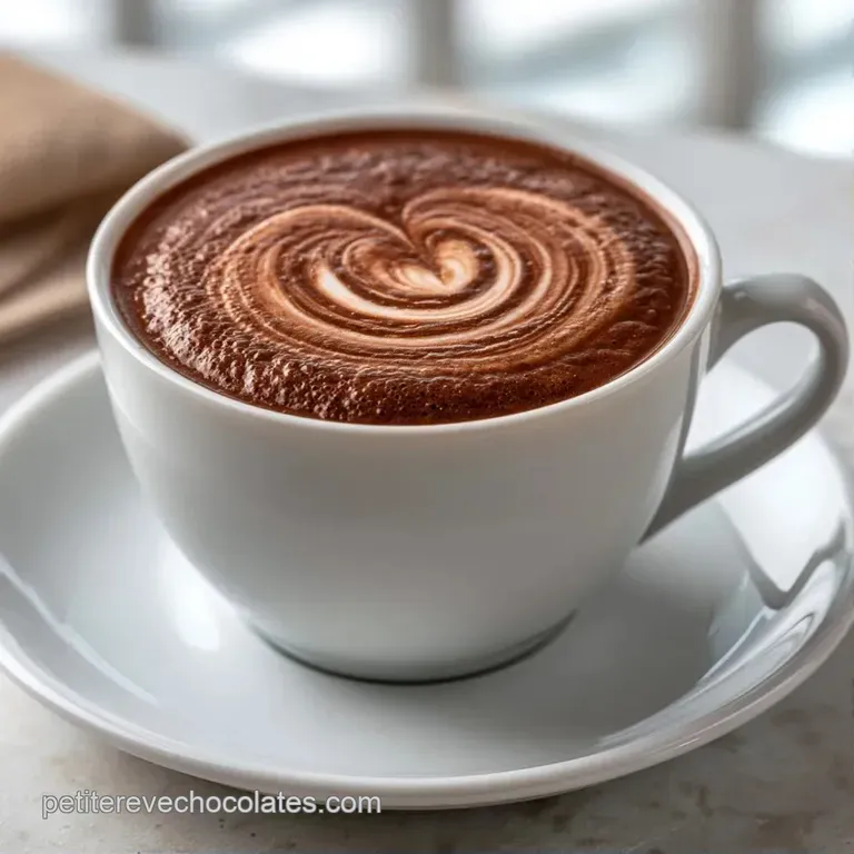 Tasse en c&eacute;ramique blanche remplie d'un breuvage brun velout&eacute;, pos&eacute;e sur un plateau rustique avec quelques grains de cacao.